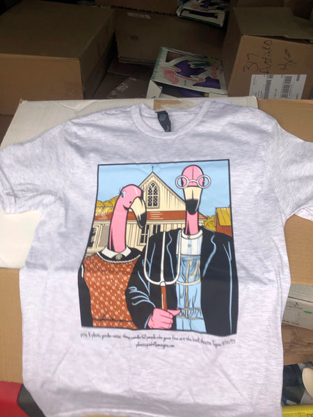Pre-Order Previous Years’ Official Fine Art Flamingos T-Shirt with Pre-Order Discount - for pick up @ Flash Garden #3 LAKEWAY 4/27/24(sneak Preview Friday 4/26/24 4-7pm)   Pre-Order deadline is 4/25/24 or when we run out
