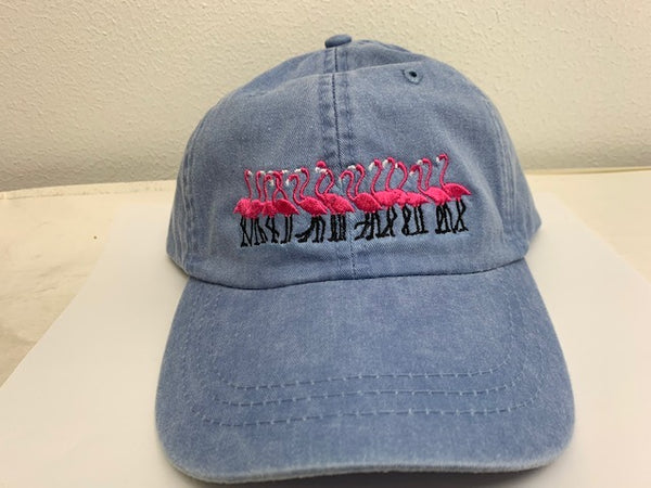 Infamous & Iconic flamingos Embroidered Ball Cap for walk in purchase at a Flash Garden